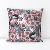 Cherry blossom and chickadee birds