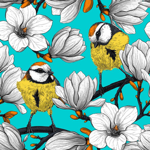 White magnolia and tit birds