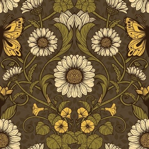 Art Nouveau  daisy flowers and butterflies in green and brown