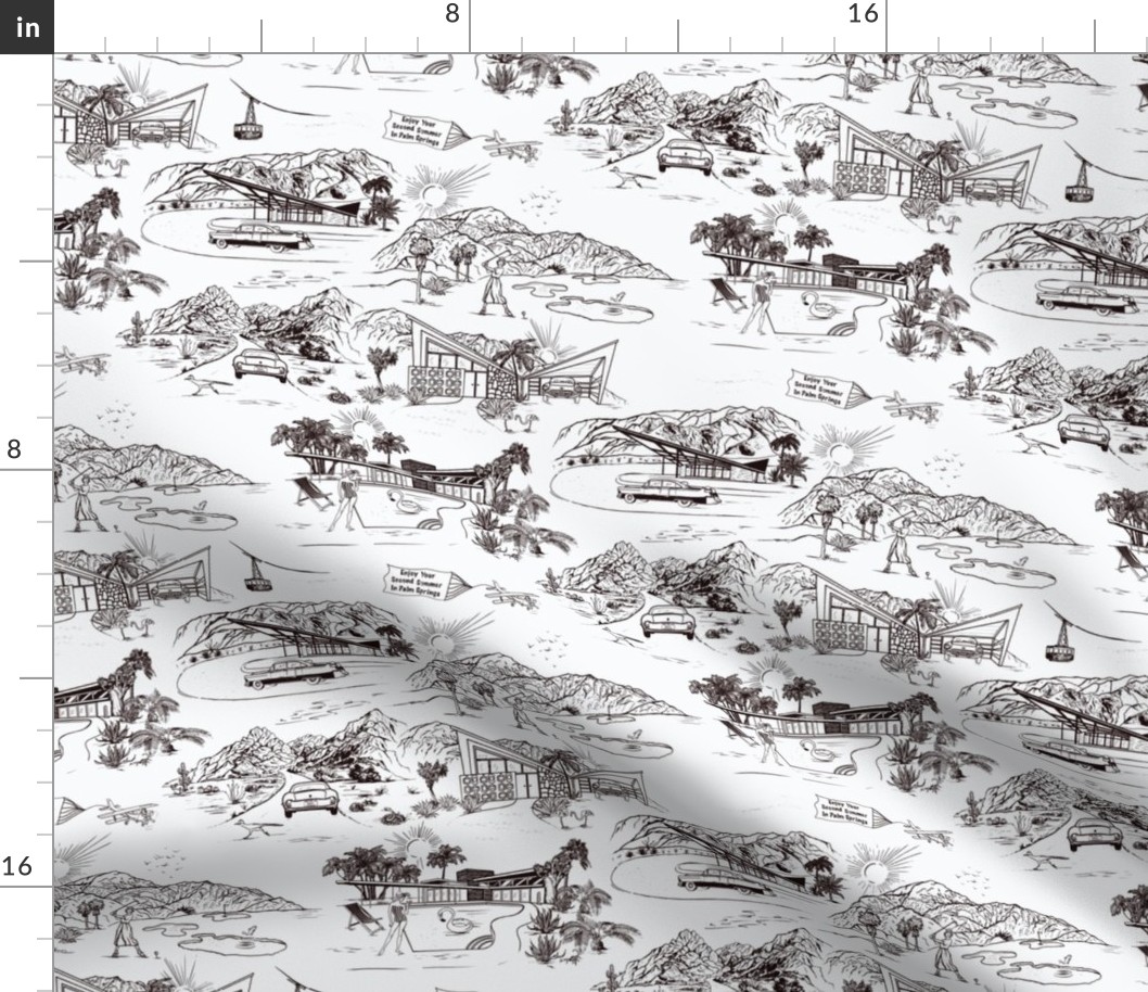 PALM SPRINGS MID-CENTURY TOILE - DARK LINES ON WHITE, SMALL SCALE