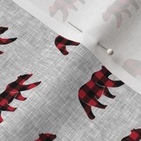 (small scale)  red plaid bear on light grey linen  || the lumberjack C19BS