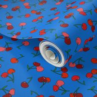 cherry fabric - cherries fabric, fruits fabric, bright vintage style fabric - blue