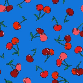 cherry fabric - cherries fabric, fruits fabric, bright vintage style fabric - blue