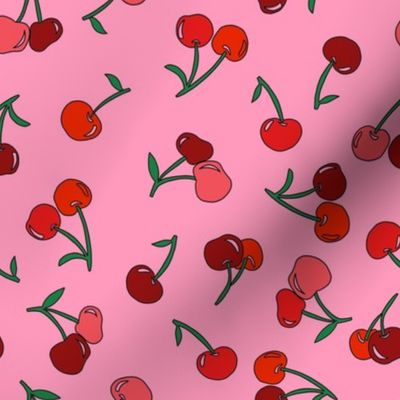 cherry fabric - cherries fabric, fruits fabric, bright vintage style fabric -  pink