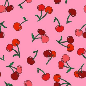 cherry fabric - cherries fabric, fruits fabric, bright vintage style fabric -  pink