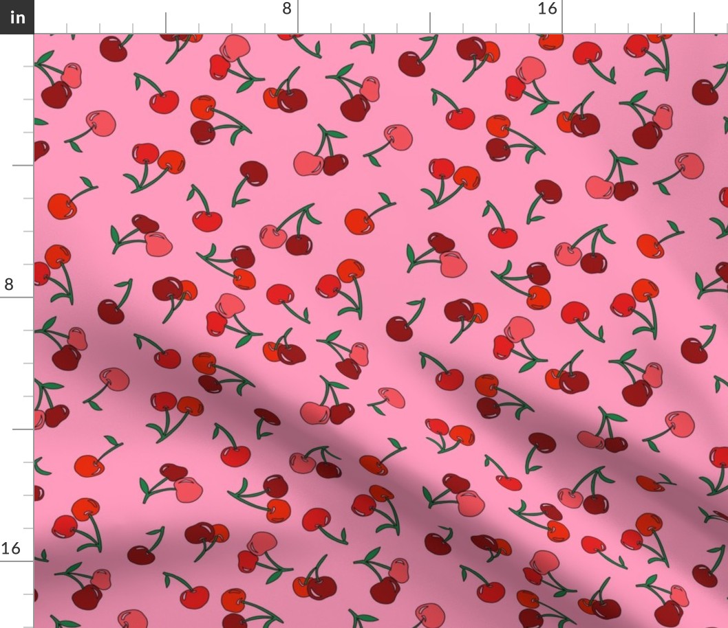 cherry fabric - cherries fabric, fruits fabric, bright vintage style fabric -  pink