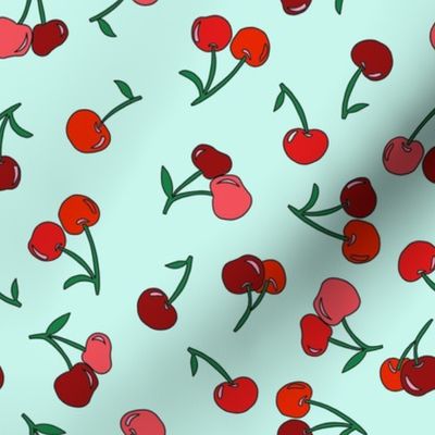 cherry fabric - cherries fabric, fruits fabric, bright vintage style fabric - mint