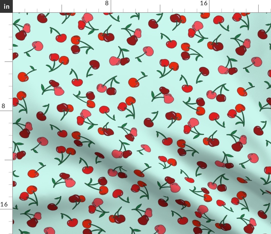 cherry fabric - cherries fabric, fruits fabric, bright vintage style fabric - mint