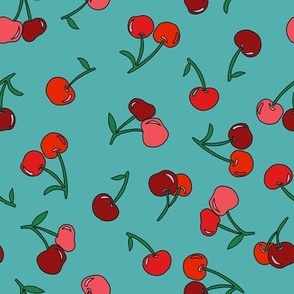 cherry fabric - cherries fabric, fruits fabric, bright vintage style fabric - aqua