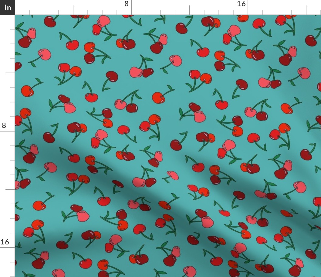 cherry fabric - cherries fabric, fruits fabric, bright vintage style fabric - aqua