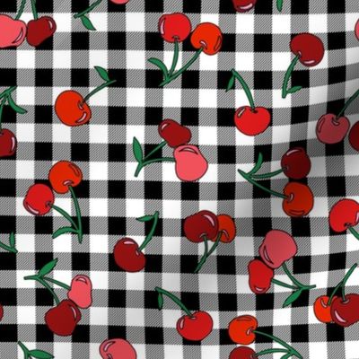 cherry fabric - cherries fabric, fruits fabric, bright vintage style fabric - black gingham
