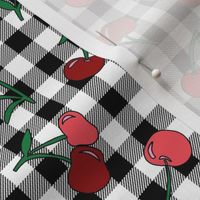 cherry fabric - cherries fabric, fruits fabric, bright vintage style fabric - black gingham