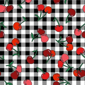 cherry fabric - cherries fabric, fruits fabric, bright vintage style fabric - black gingham