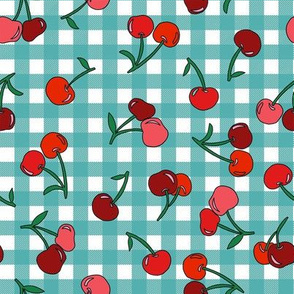 cherry fabric - cherries fabric, fruits fabric, bright vintage style fabric - teal gingham