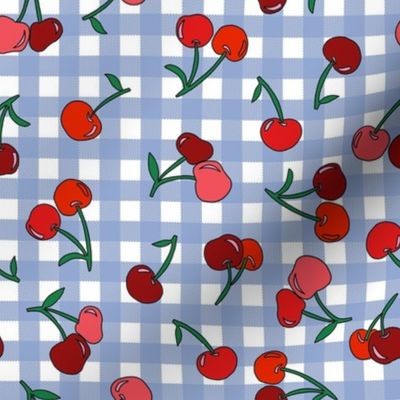 cherry fabric - cherries fabric, fruits fabric, bright vintage style fabric - periwinkle