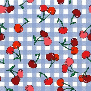 cherry fabric - cherries fabric, fruits fabric, bright vintage style fabric - periwinkle