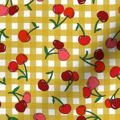 cherry fabric - cherries fabric, fruits fabric, bright vintage style fabric - mustard