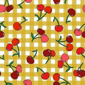 cherry fabric - cherries fabric, fruits fabric, bright vintage style fabric - mustard