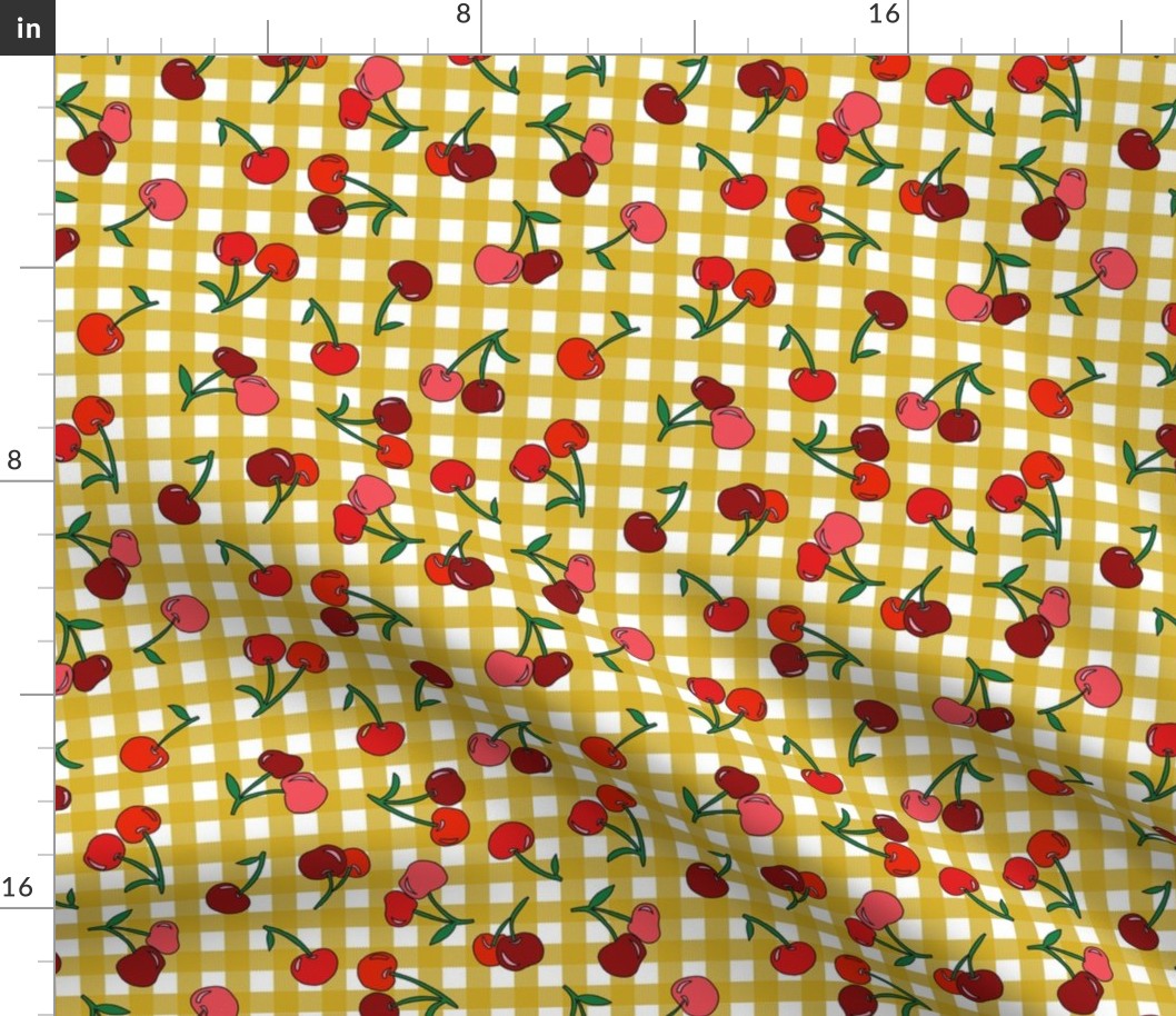 cherry fabric - cherries fabric, fruits fabric, bright vintage style fabric - mustard