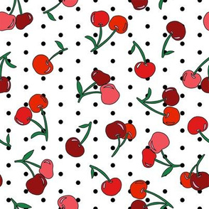 cherry fabric - cherries fabric, fruits fabric, bright vintage style fabric - black dots