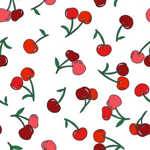 cherry fabric - cherries fabric, fruits fabric, bright vintage style fabric - white