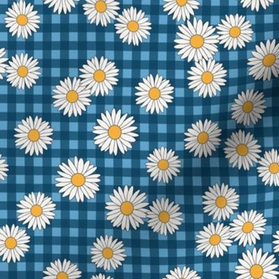 daisy fabric - daisy pattern, dainty fabric, dainty florals, feminine fabric, floral, spring floral -  blue plaid