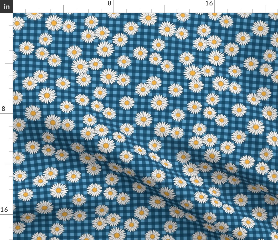 daisy fabric - daisy pattern, dainty fabric, dainty florals, feminine fabric, floral, spring floral -  blue plaid