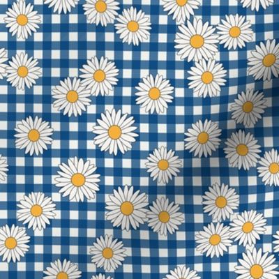 daisy fabric - daisy pattern, dainty fabric, dainty florals, feminine fabric, floral, spring floral - classic blue gingham