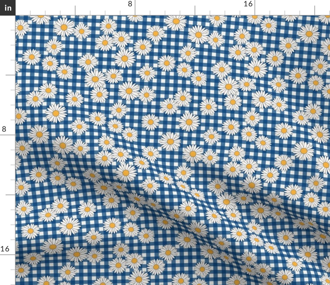 daisy fabric - daisy pattern, dainty fabric, dainty florals, feminine fabric, floral, spring floral - classic blue gingham