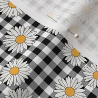 daisy fabric - daisy pattern, dainty fabric, dainty florals, feminine fabric, floral, spring floral - black gingham