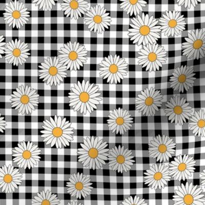 daisy fabric - daisy pattern, dainty fabric, dainty florals, feminine fabric, floral, spring floral - black gingham