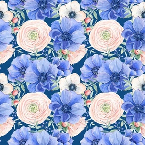 9" Hand drawn watercolor florals on classic blue - trend 2020