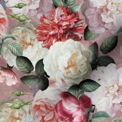 Small - Vintage Summer Dark Night Romanticism:  Maximalism Moody Florals- Antiqued Pink And Cream Jan Davidsz. de Heem Roses Bouquets With Fern Leaves Nostalgic - Gothic Mystic Night-  Antique Botany Wallpaper and Victorian Goth Mystic inspired - pink Bac