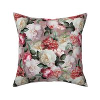 Small - Vintage Summer Dark Night Romanticism:  Maximalism Moody Florals- Antiqued Pink And Cream Jan Davidsz. de Heem Roses Bouquets With Fern Leaves Nostalgic - Gothic Mystic Night-  Antique Botany Wallpaper and Victorian Goth Mystic inspired - pink Bac