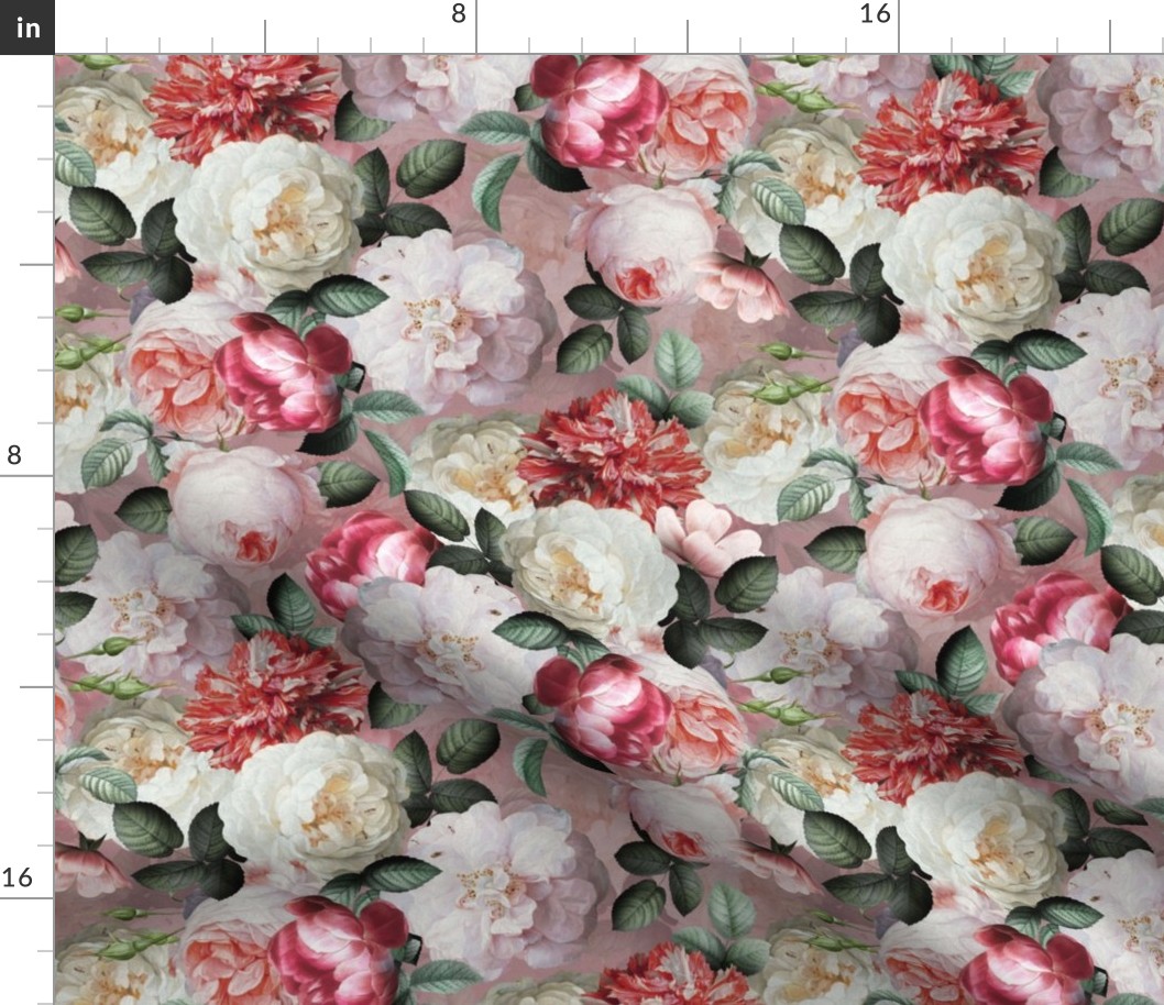 Small - Vintage Summer Dark Night Romanticism:  Maximalism Moody Florals- Antiqued Pink And Cream Jan Davidsz. de Heem Roses Bouquets With Fern Leaves Nostalgic - Gothic Mystic Night-  Antique Botany Wallpaper and Victorian Goth Mystic inspired - pink Bac
