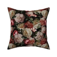 Small - Vintage Summer Dark Night Romanticism:  Maximalism Moody Florals- Antiqued Pink And Cream Jan Davidsz. de Heem Roses Bouquets With Fern Leaves Nostalgic - Gothic Mystic Night-  Antique Botany Wallpaper and Victorian Goth Mystic inspired