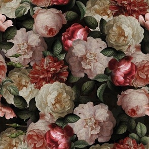 Small - Vintage Summer Dark Night Romanticism:  Maximalism Moody Florals- Antiqued Pink And Cream Jan Davidsz. de Heem Roses Bouquets With Fern Leaves Nostalgic - Gothic Mystic Night-  Antique Botany Wallpaper and Victorian Goth Mystic inspired