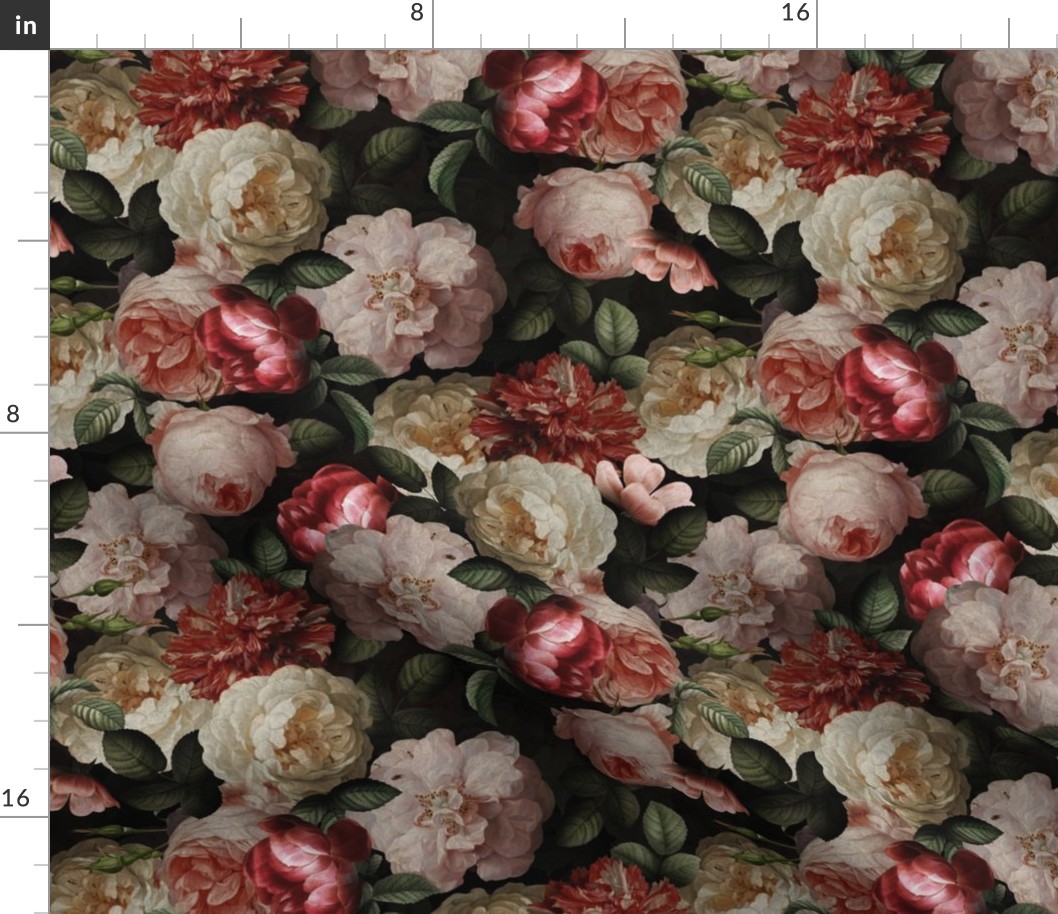 Small - Vintage Summer Dark Night Romanticism:  Maximalism Moody Florals- Antiqued Pink And Cream Jan Davidsz. de Heem Roses Bouquets With Fern Leaves Nostalgic - Gothic Mystic Night-  Antique Botany Wallpaper and Victorian Goth Mystic inspired