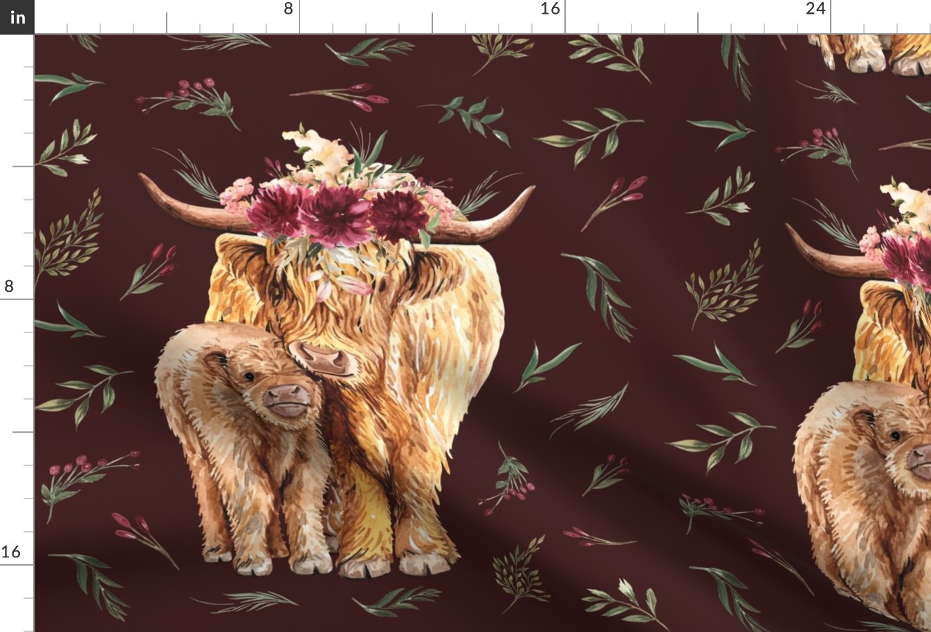 18x18" highland cow patch on maroon