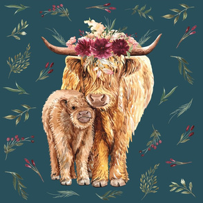 18x18"  highland cow patch on teal