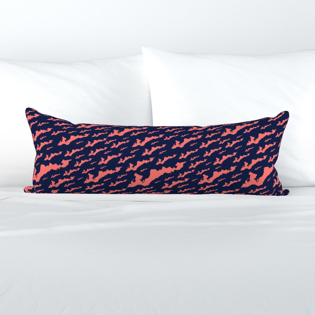 Fishers Island, NY - Silhouette (Coral Pink on Navy Blue)