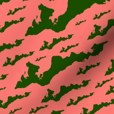 Fishers Island, NY - Silhouette (Forest Green on Coral Pink)