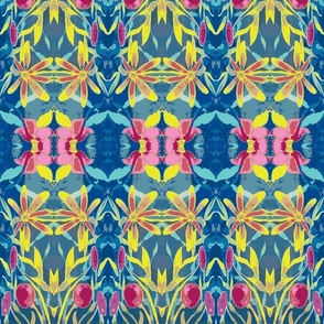 Batik Floral  Mirror Design with Yellow and Pink Flowers on Blue Background