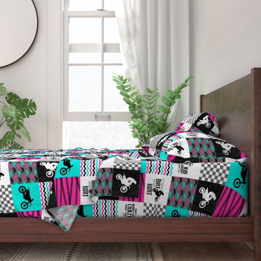 Motocross//Crazy Kid//A little Dirt Never Hurt//Pink&Turqouise  - Wholecloth Cheater Quilt