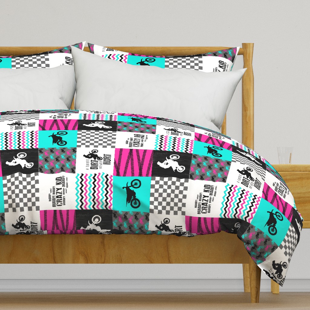 Motocross//Crazy Kid//A little Dirt Never Hurt//Pink&Turqouise  - Wholecloth Cheater Quilt - Rotated