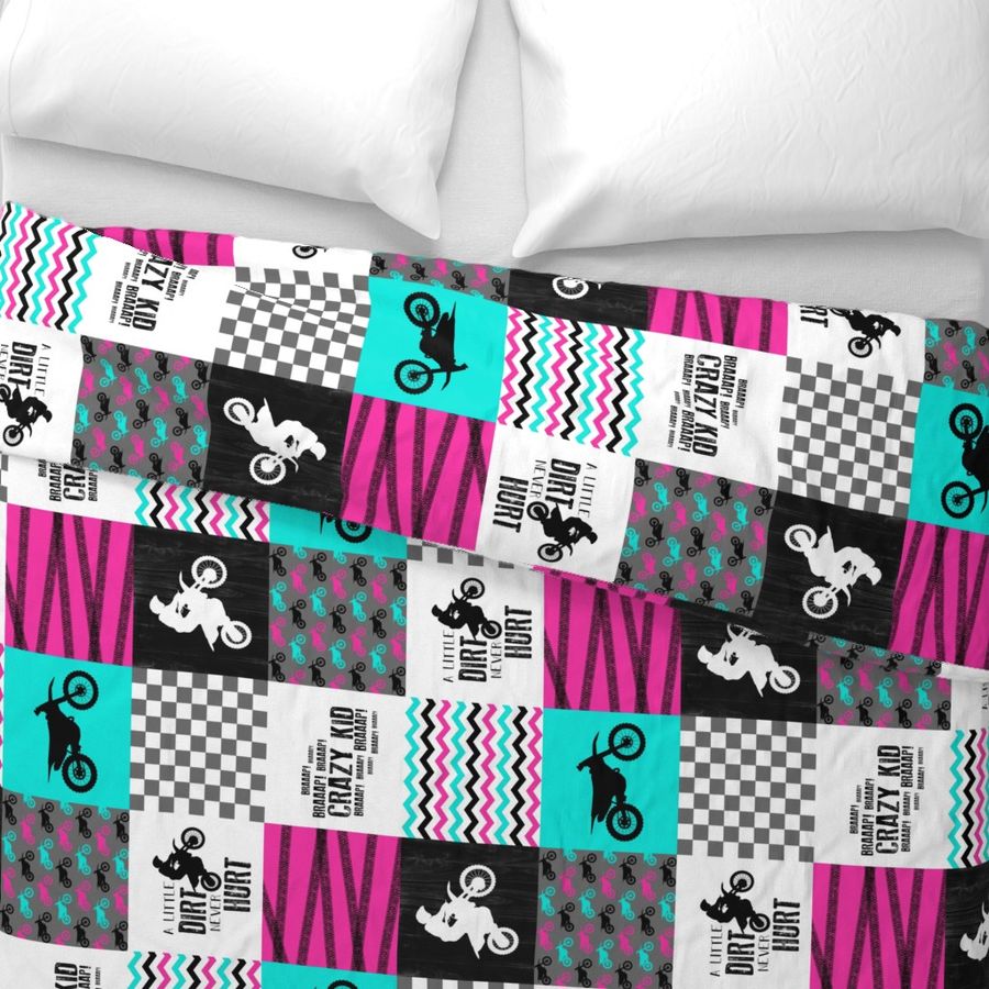 Motocross//Crazy Kid//A little Dirt Never Hurt//Pink&Turqouise  - Wholecloth Cheater Quilt - Rotated