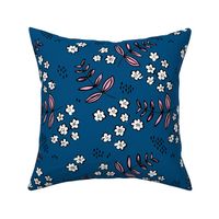 Delicate flower garden and lush green leaves and poppy seeds classic blue pink