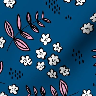 Delicate flower garden and lush green leaves and poppy seeds classic blue pink