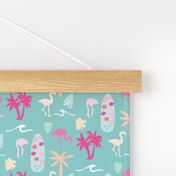 Flamingos Surfing the waves | novelty bright surfboard design