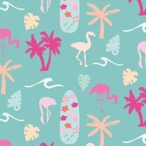 Flamingos Surfing the waves | novelty bright surfboard design